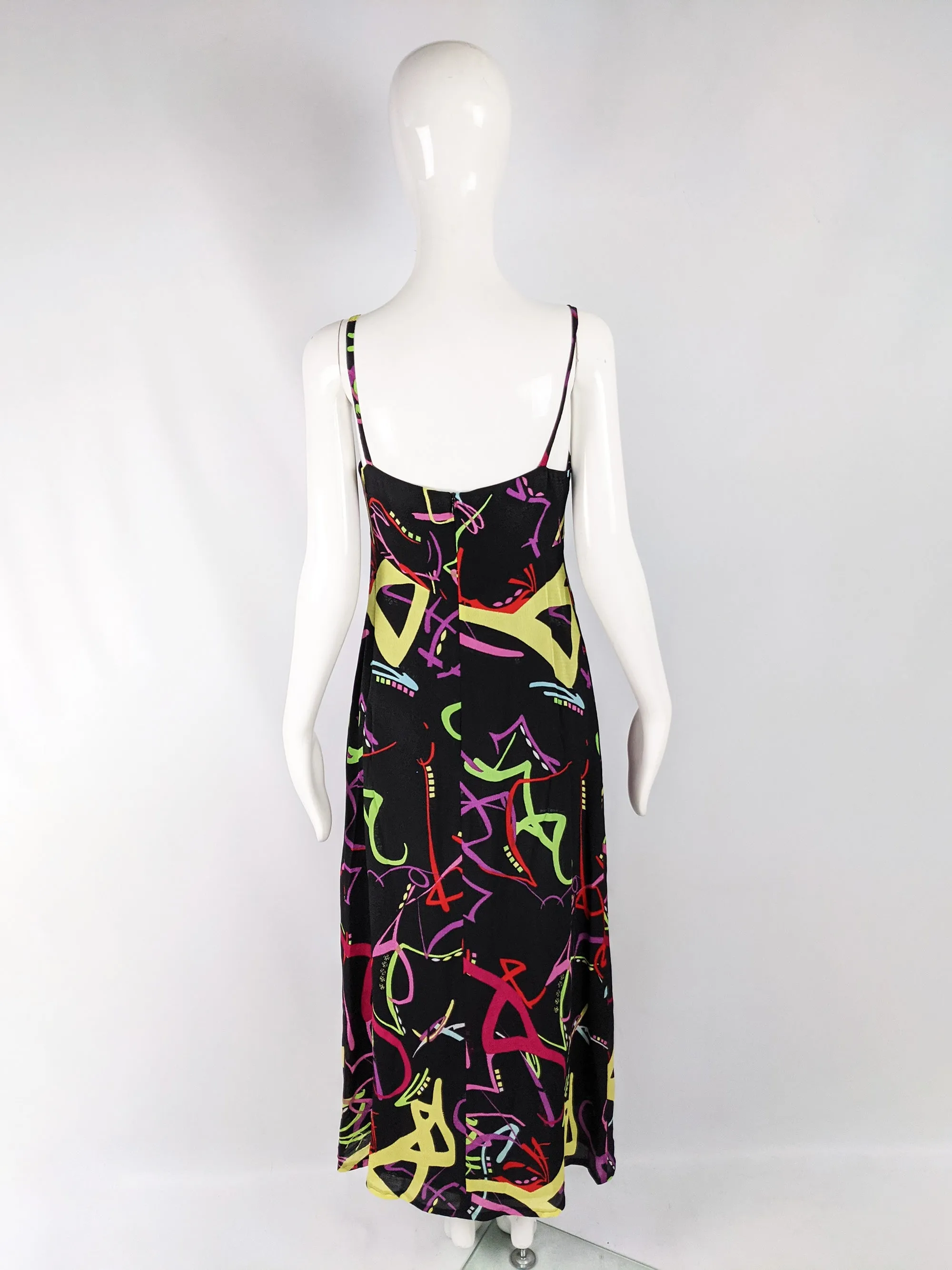 Vintage Black & Multicoloured Sleeveless Maxi Slip Dress, 1990s