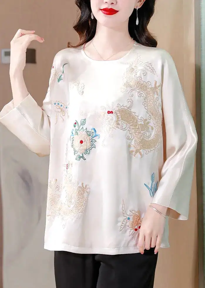 White Draping Silk Blouses Embroidered Spring HA1020