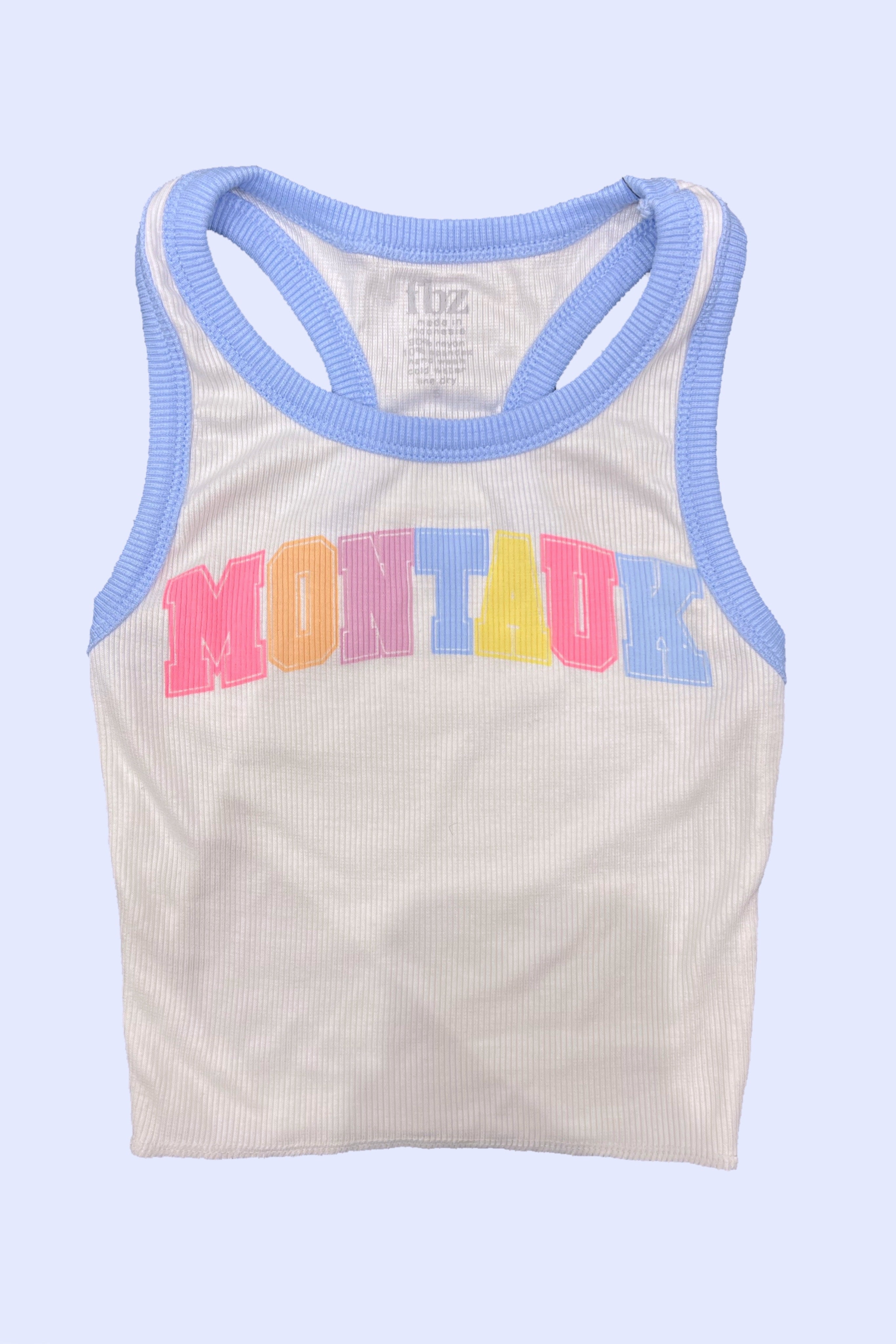 White Periwinkle Contrast Trim Montauk Graphic Tank