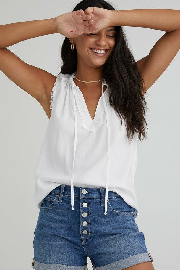 White sleeveless fray edge pullover tank