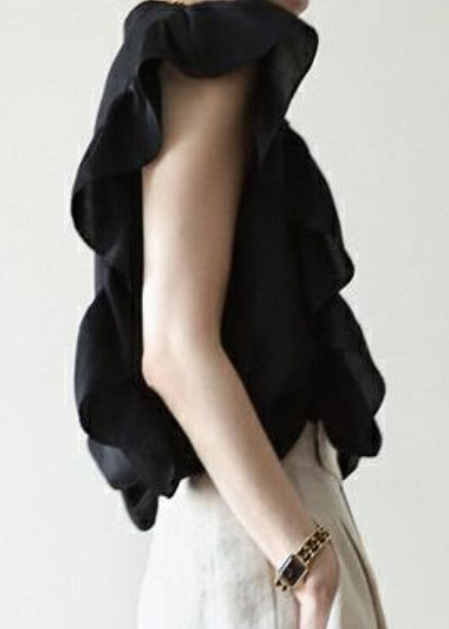 Women Black Ruffled Solid Button Silk Vest Sleeveless AB1029