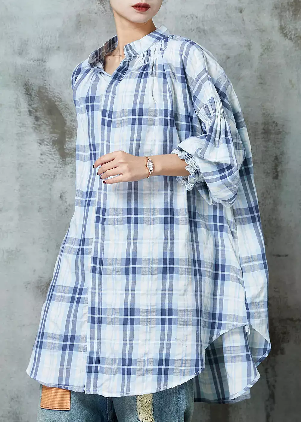 Women Blue Oversized Plaid Cotton Blouses Lantern Sleeve JK1056