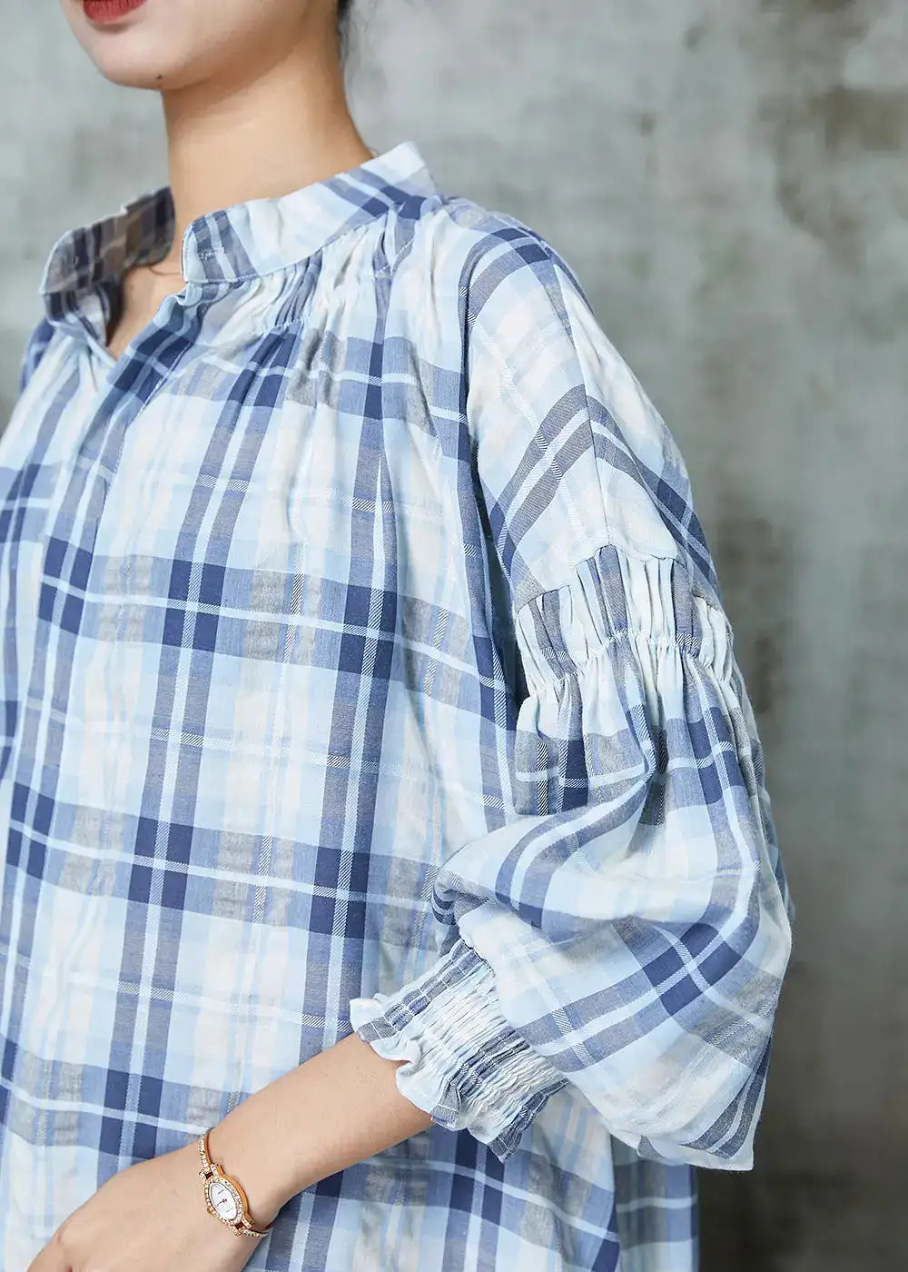 Women Blue Oversized Plaid Cotton Blouses Lantern Sleeve JK1056