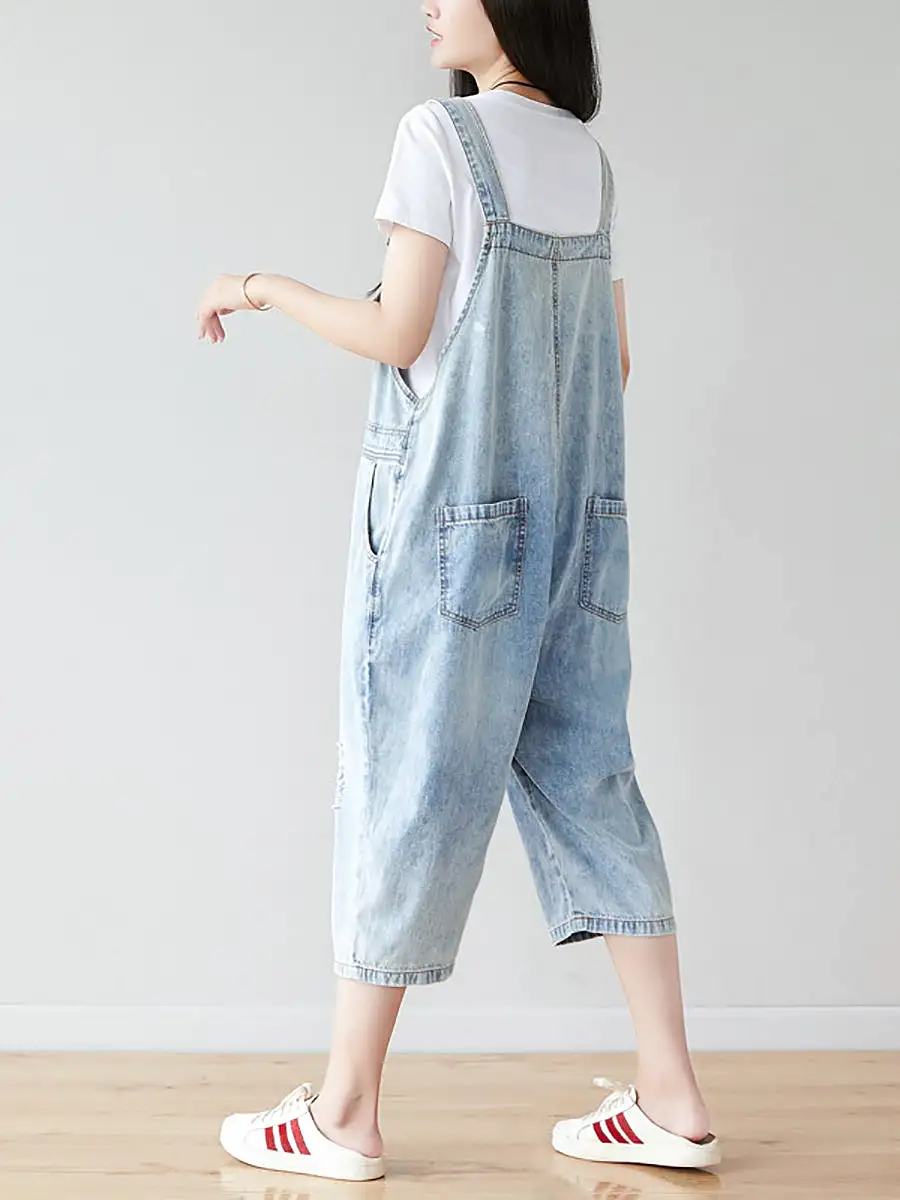 Women Retro Frayed Solid Claf-Length Denim Jumpsuits CO1019