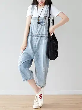 Women Retro Frayed Solid Claf-Length Denim Jumpsuits CO1019