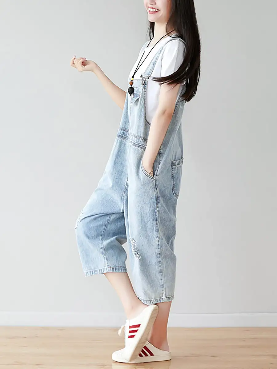 Women Retro Frayed Solid Claf-Length Denim Jumpsuits CO1019