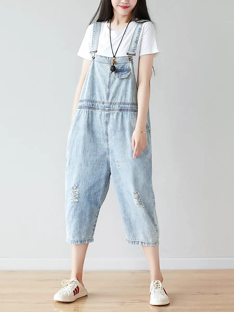 Women Retro Frayed Solid Claf-Length Denim Jumpsuits CO1019